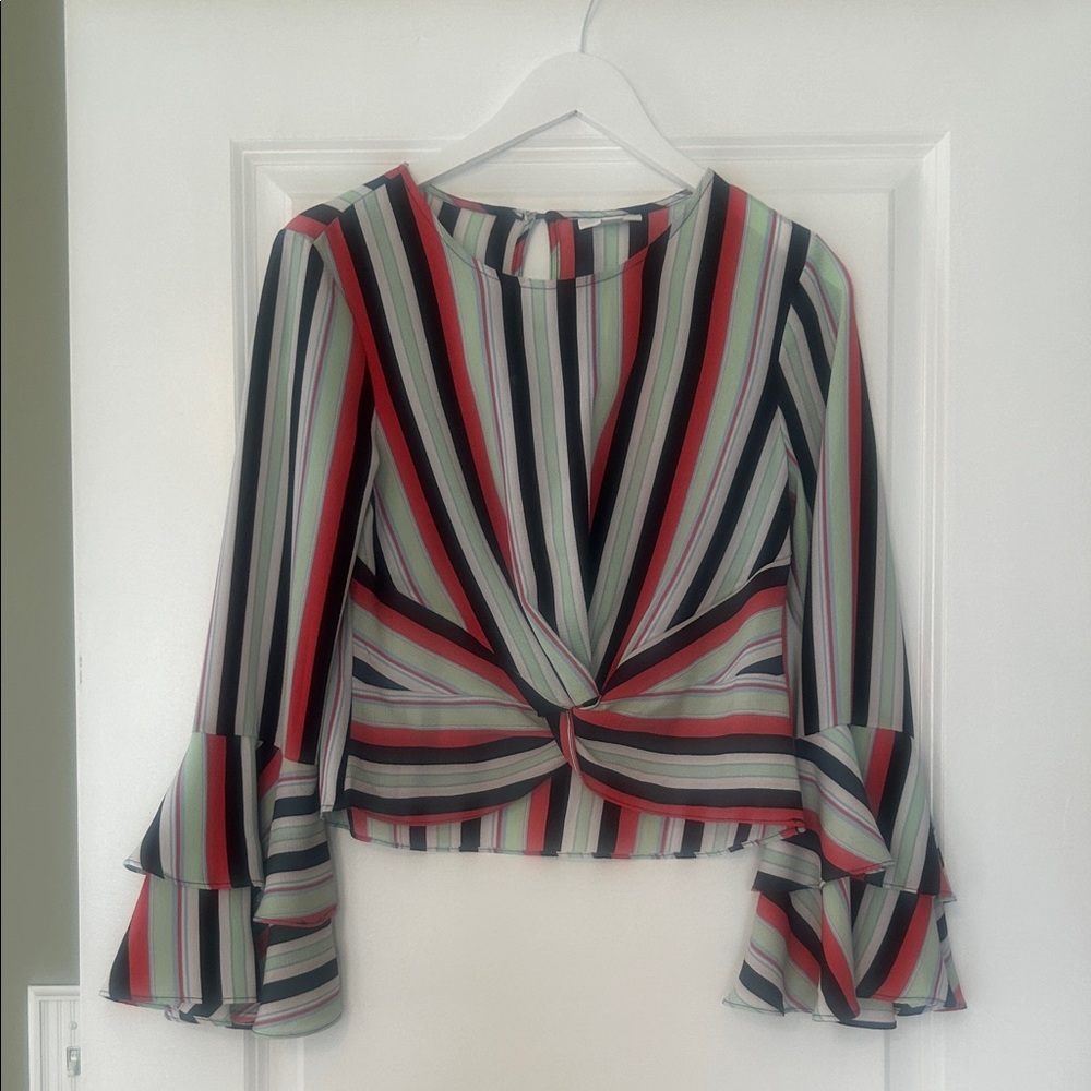 Bar III Striped Twist-Front Blouse - Red, Black, Green